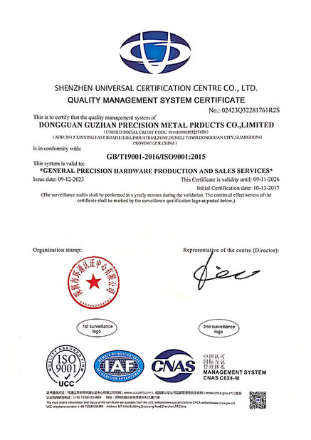 Chine Dongguan Guzhan Precision Metal Products Co.,Ltd certifications